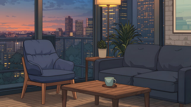 Discover the Ideal Urban Lifestyle with a Cozy Apartment Reflection: A Serene Evening View from a Modern Living Room, Perfect for Relaxation and Comfort in the Heart of the City