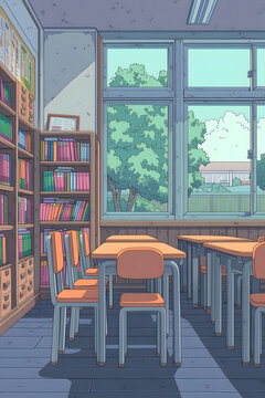 A Bright and Inviting Classroom Interior: A Perfect Space for Learning, Creativity, and Growth with Natural Light and Organized Resources.