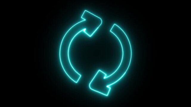 A glowing neon blue refresh icon isolated on a black background representing digital loading and data synchronization concepts
