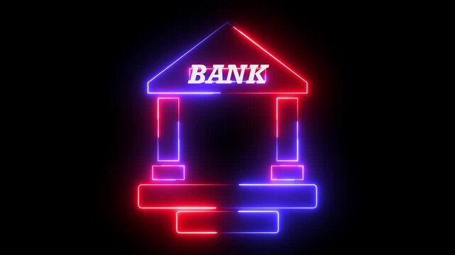 Glowing neon red and blue color bank building icon animation home dollar sign finance currency money investment property business profit sign symbol on black background