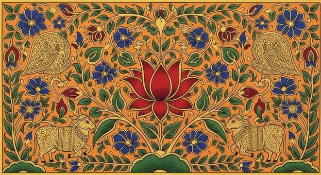 Intricate Indian Floral Motif with Mythical Creatures and Lotus Flower.