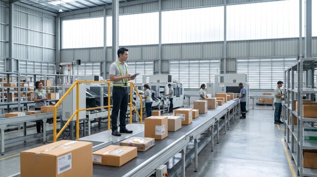 Attentive supervisor overseeing package sorting facility as employees scan boxes on conveyor