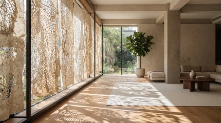 Naklejka premium Artisanal Wabi-Sabi interior design with sunlight filtering through handmade paper screens, casting shadows in a serene living room. A concept for tranquil living and biophilic design.