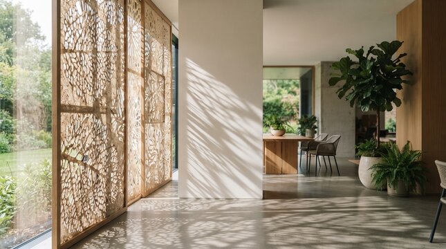 Japandi-inspired architectural photography of a sunlit interior with perforated screens casting intricate shadows on polished concrete floors, a tranquil biophilic design concept.