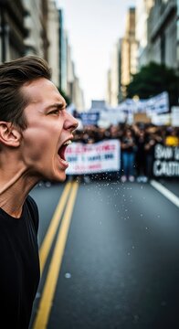 A powerful expression of intense anger and vocal shouting occurs during a massive public demonstration held on a busy city thoroughfare, justice, defiance, conflict