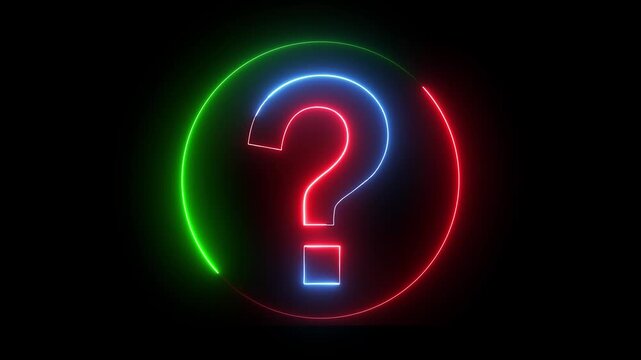 Glowing neon red green and blue color question mark sign icon animation quiz confusion mark punctuation interrogative sign education exam circle alphabet sign symbol on black background	
