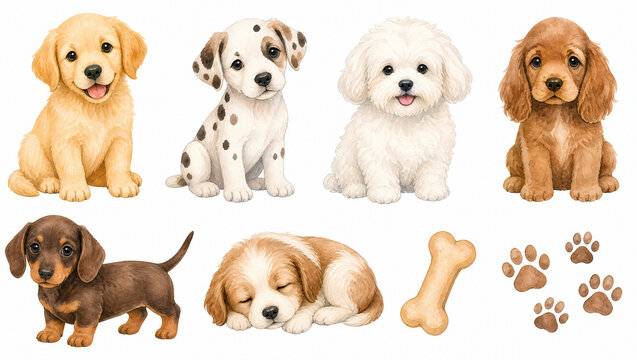 Cute watercolor puppy clipart set. Sweet baby dogs of different breeds with bone and paw prints isolated on white. Pet nursery decor elements