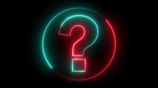 Glowing neon red and cyan color question mark sign icon animation quiz confusion mark punctuation interrogative sign education exam circle alphabet sign symbol on black background	