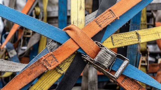Closeup of intertwined colorful polyester webbing straps and metal ratchet buckle