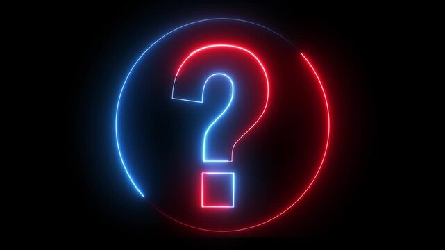 Glowing neon red and blue color question mark sign icon animation quiz confusion mark punctuation interrogative sign education exam circle alphabet sign symbol on black background	