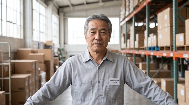 Experienced senior supervisor standing confidently in aisle of fully stocked storage warehouse