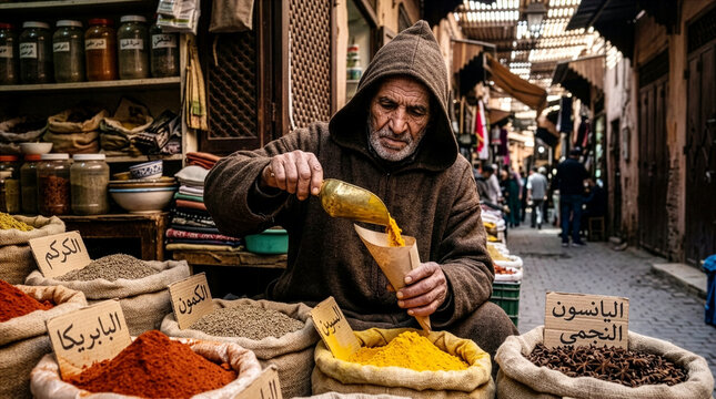 Moroccan spice vendor scooping turmeric powder in traditional Medina souk market in Marrakech