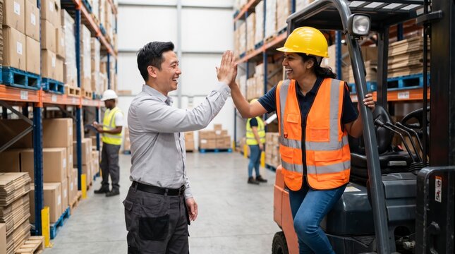 Welcoming manager high fiving forklift operator celebrating success in busy storage warehouse
