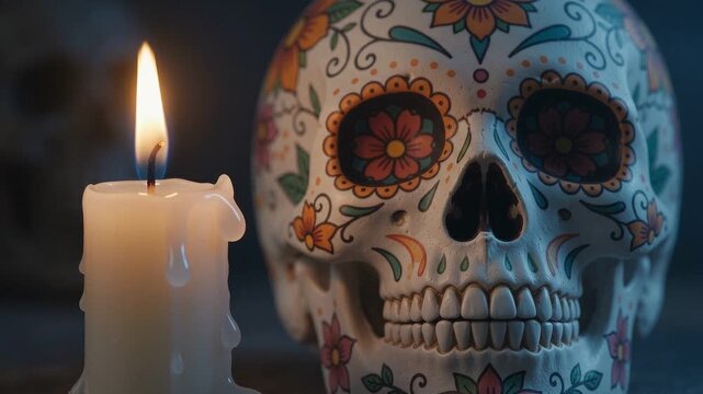 Decorative sugar skull with melting candle wax dripping in a moody cinematic close up shot