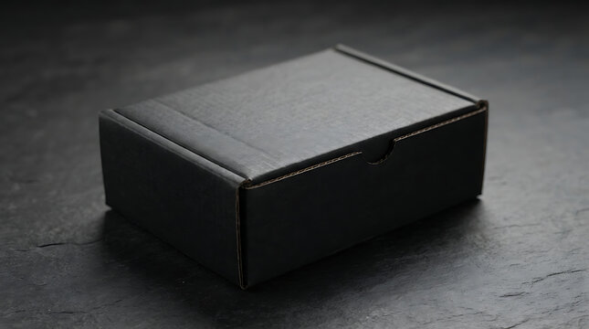 Small black cardboard box with folded lid on dark textured surface, product packaging isolated on a transparent background