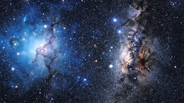 Cosmic nebula with bright star moving across a deep space background during a slow camera pan