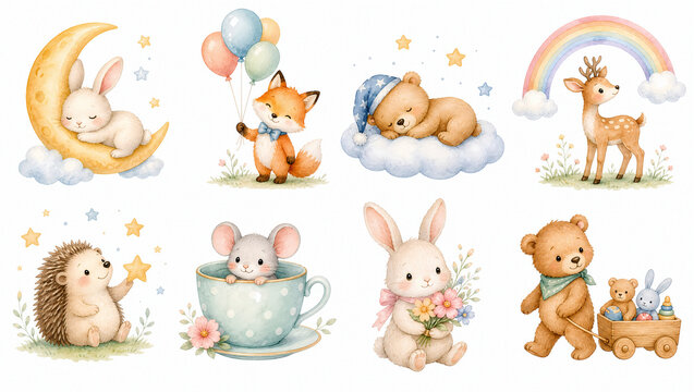 Cute watercolor nursery animal clipart set. Bunny bear fox deer hedgehog mouse with moon rainbow balloons wagon isolated on white background. Baby shower and kids design elements