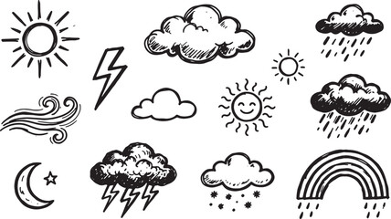 Obraz premium Black and white line collection of mushrooms, clouds, and sun