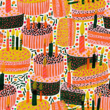 Colorful birthday cake seamless pattern with candles and sprinkles