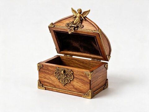 Miniature wooden coffin decor box, isolated on a pure white background.