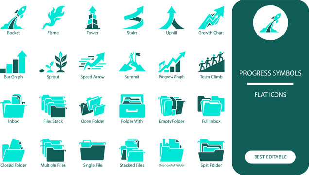 Business growth icons set. Black silhouette vector collection of rocket, chart, arrow and folder symbols for finance and success design