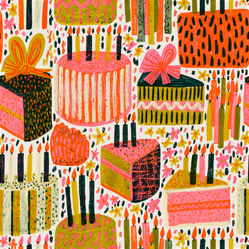 Colorful birthday cake seamless pattern for festive designs
