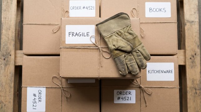 Organized overhead flat lay of twine wrapped shipping boxes labeled fragile books and kitchenware