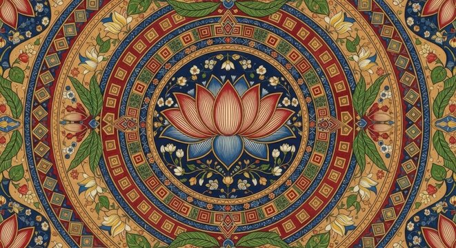 Intricate Indian Lotus Mandala Art with Vibrant Colors and Detailed Patterns.
