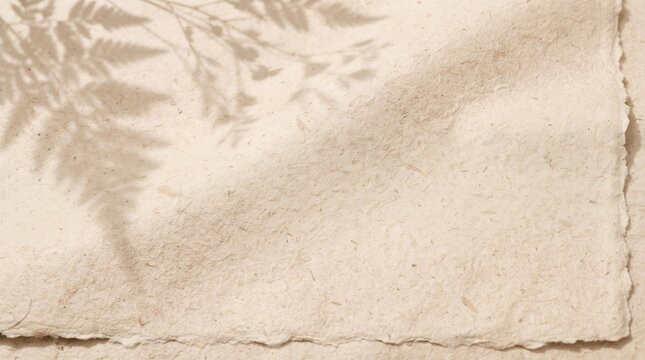 Natural textured beige handmade paper sheet with organic deckle edges and soft fern leaf shadows cast across the rustic grainy surface