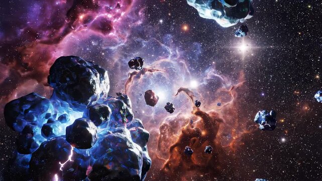 Cosmic asteroids drifting through vibrant nebula clouds with distant star clusters and glowing light flares