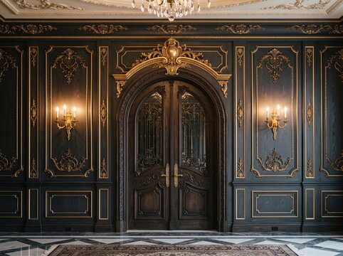 Luxurious ornate arched double wooden door in a grand neoclassical interior with dark wood wall paneling, intricate gold molding, decorative sconces, crystal chandelier, marble floor and elegant 