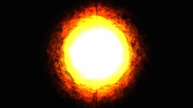 Glowing fire sun sphere with burning aura on black background. 4K Video