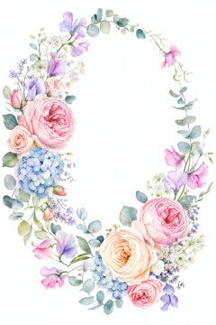 Watercolor illustration of a floral wreath. Oval frame with pink roses, blue hydrangea and sweet peas isolated on white. For wedding invitations and greeting cards