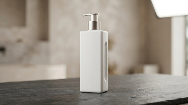 White square dispenser bottle with silver pump on a dark slate surface in a softly lit interior keywords: bottle, dispenser, white, square isolated on a transparent background