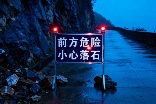 Warning sign on wet mountain road at night indicating danger of falling rocks