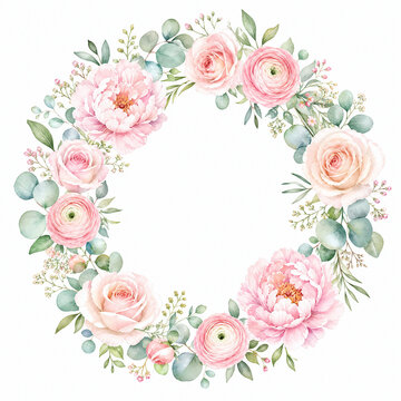 Watercolor floral wreath illustration. Clipart with pink peony, rose and ranunculus flowers isolated on white. Round frame for wedding invitations and greeting cards