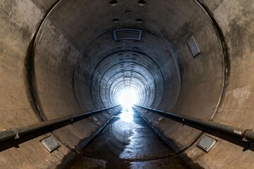 Fototapeta premium Interior view of a concrete tunnel with light at the end, featuring railway tracks and circular structure