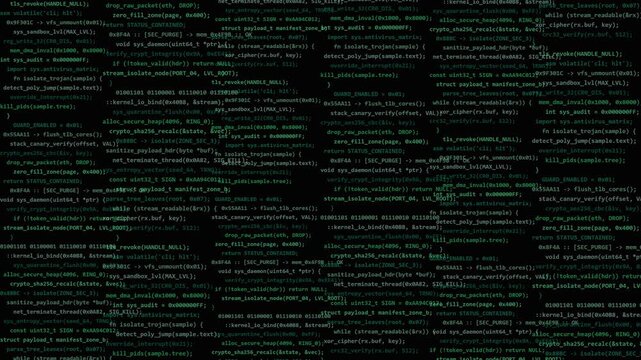 Digital green computer code scrolling on black background. 4K Video