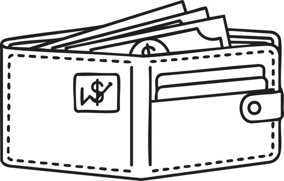 Leather wallet with cash and credit cards icon line illustration