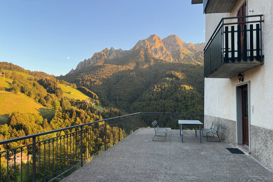 Mountain House with View on Beautiful Mount Alben in Serina Valley, Italian Alps, during a Sunny Summer Afternoon. Beautiful Landscape. Oltre il Colle, Bergamo Province, Italy