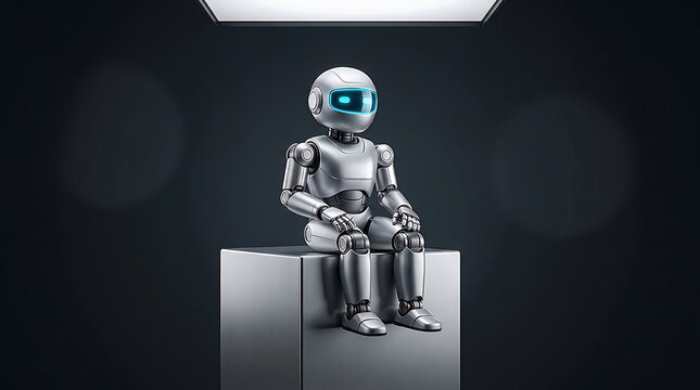 Small silver robot sitting on a metal cube against a dark background