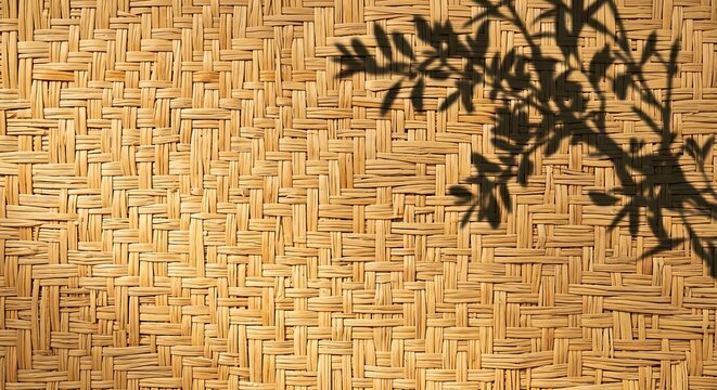 Leaf branch shadow cast on woven bamboo rattan texture background with bamboo mat shadow pattern plant shadow sunlight shadow play earth tone material