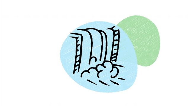 An animated hand-drawn water dam structure with flowing waterfall power. Ideal for hydroelectric power generation, renewable water energy, and dams.
