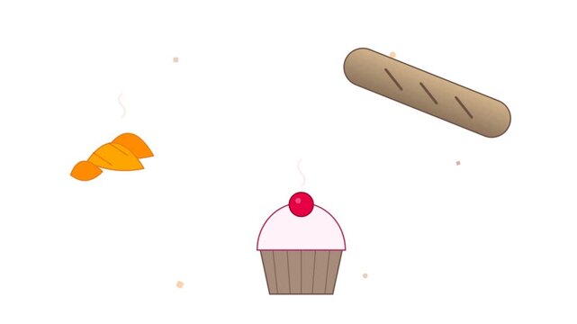 Animated Bakery Items Including A Cupcake Croissant And Loaf Of Bread