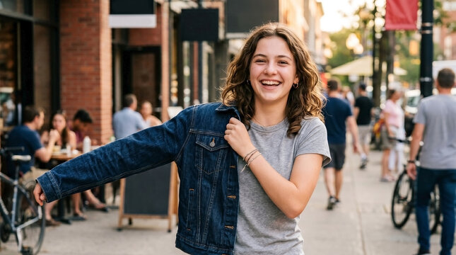 Happy teenage girl putting on denim jacket girl while walking through crowded pedestrian street. Cheerful young woman wearing denim jacket girl over grey shirt. Authentic portrait denim jacket girl.