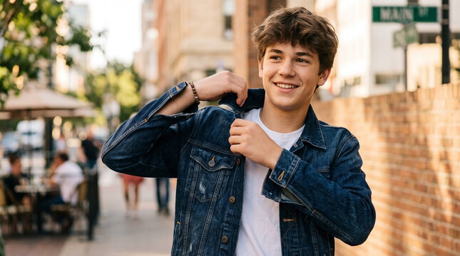 Smiling teenage boy wearing denim jacket boy on sunny city street with brick buildings. Young male model adjusts denim jacket boy over white t-shirt while walking. Lifestyle concept denim jacket boy.