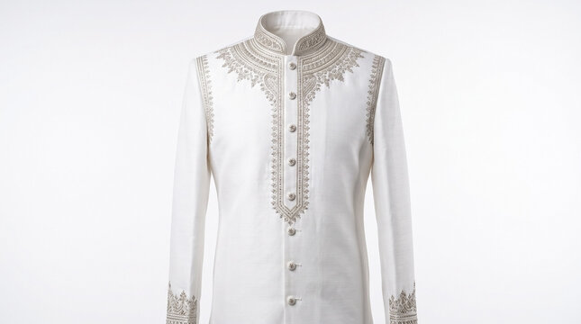 Elegant Barong Tagalog with intricate embroidery on white fabric. Barong Tagalog is traditional formal attire from Philippines. Majestic Barong Tagalog for weddings and official celebrations.