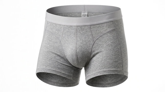 Comfortable men underwear with gray cotton boxer shorts on white background. Briefs underwear includes elastic waistband and soft fabric. Essential men underwear for daily apparel or catalog.