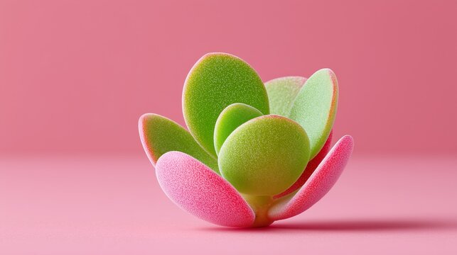 A single kalanchoe succulent plant with pink and green leaves. Minimal botanical composition on a pink background with copy space