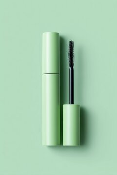 Overhead perspective of open mint green mascara tube and wand. Flat lay of cosmetic product on matching background. Minimalist makeup mockup